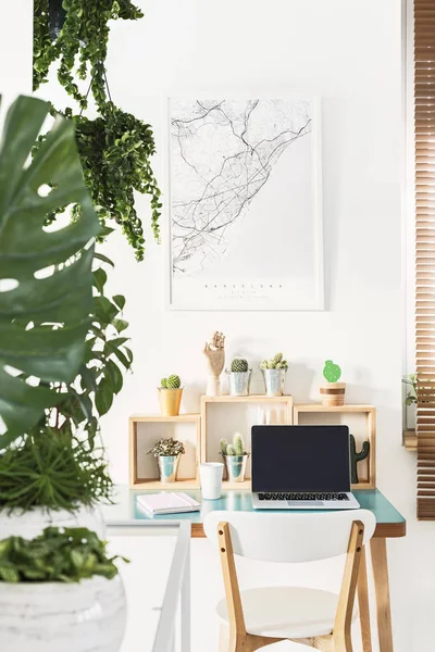 White Chair Standing Simple Wooden Desk Cactuses Coffee Cup Notebook — Stock Photo, Image