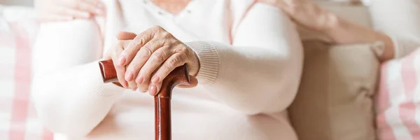 Close Elderly Woman Hands Cane Blurred Background Upper Torso Senior — Stock Photo, Image