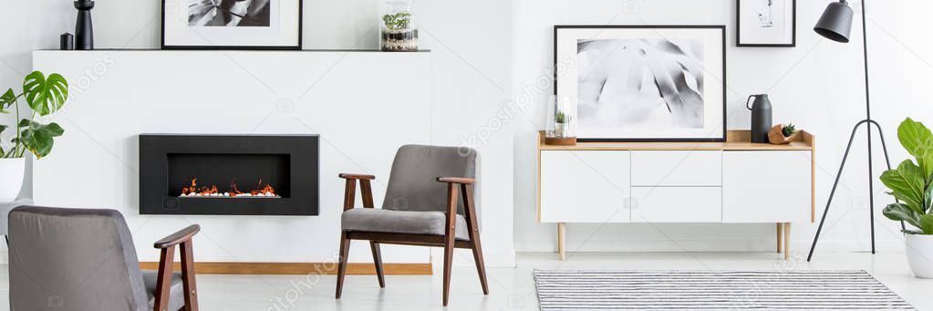 White living room interior with grey armchairs, simple posters, fresh green plants, wooden cupboard and fireplace