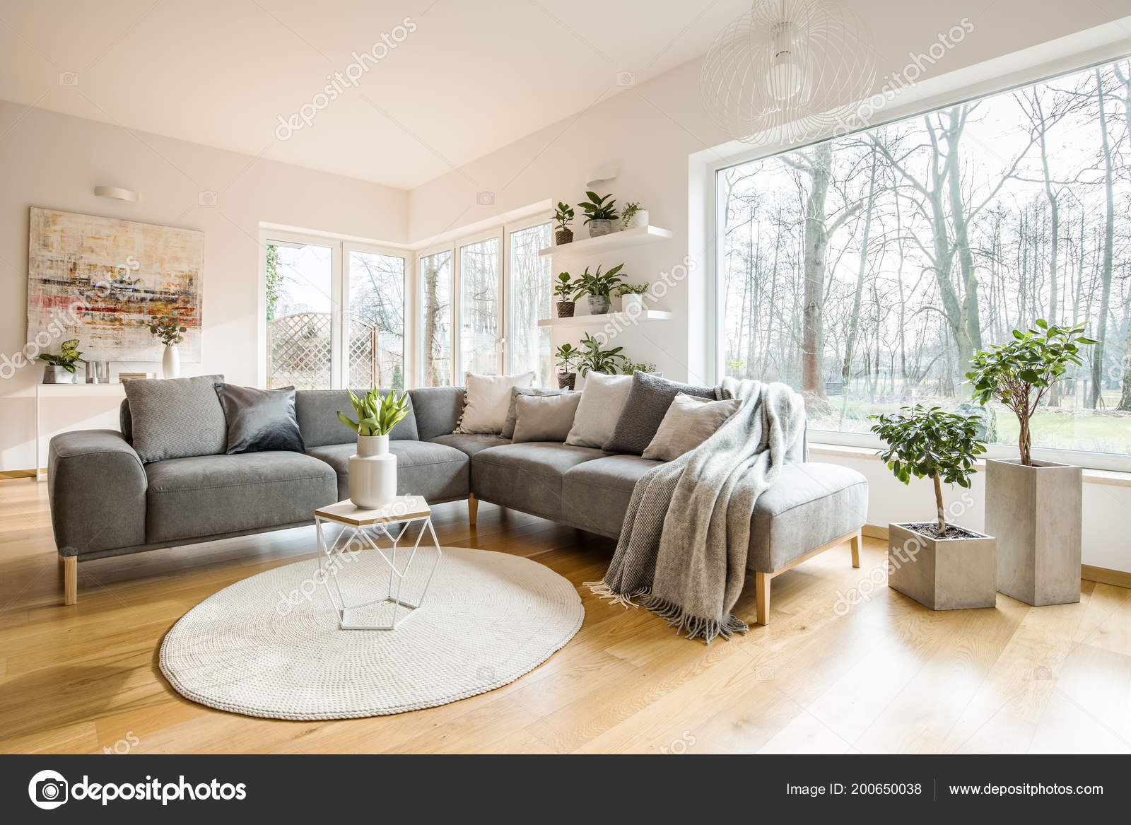 Blankets Cushions Grey Corner Sofa Standing White Living