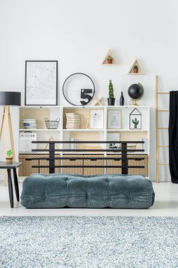 Beyaz ahşap raf kitaplar, dekor ve aydınlık oturma odası iç yatak kanepe ve halı zemin üzerinde en az posterler