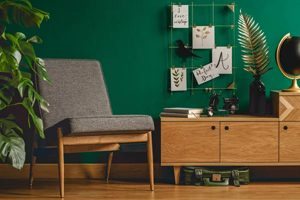 Acogedor Verde Retro Interior Sala Estar Con Silla Armario Planta — Foto de Stock