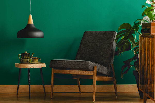 Черный стул в интерьере ретро-комнаты с зелеными стенами, черная лампа, стул, чайник, шкаф и растение
