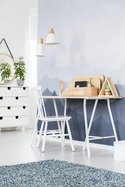 Chaise Blanche Bureau Avec Organisateur Bois Dans Espace Travail Scandi — Photo