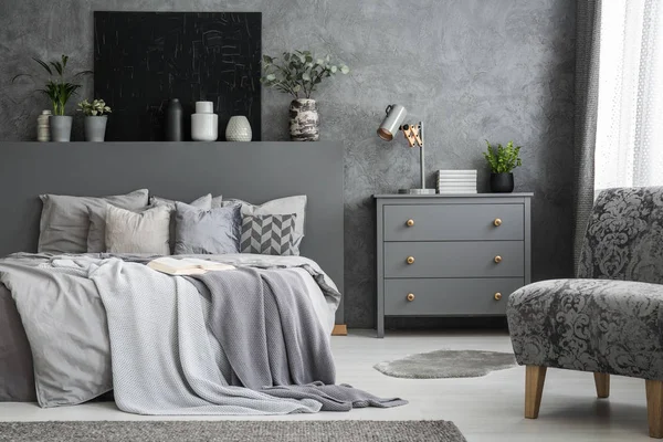 Grey Armchair Cabinet Bed Sheets Bedroom Interior Black Poster Real — Stock Photo, Image