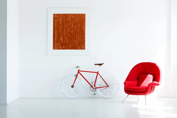 White Living Room Interior Red Armchair Bike Painting Wall Real — Stock Photo, Image