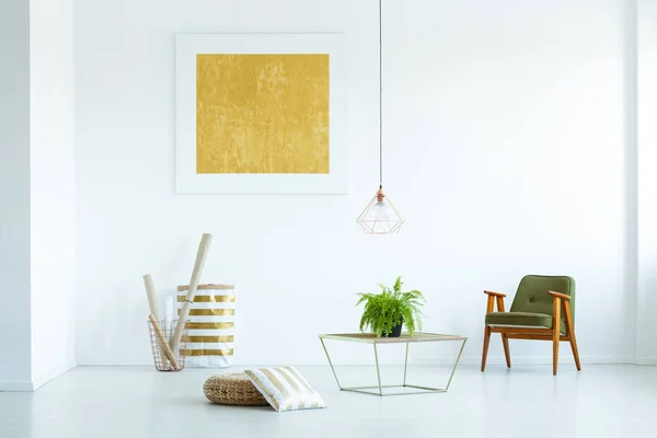 Yellow Painting Green Wooden Armchair White Living Room Interior Plant — Stock Photo, Image