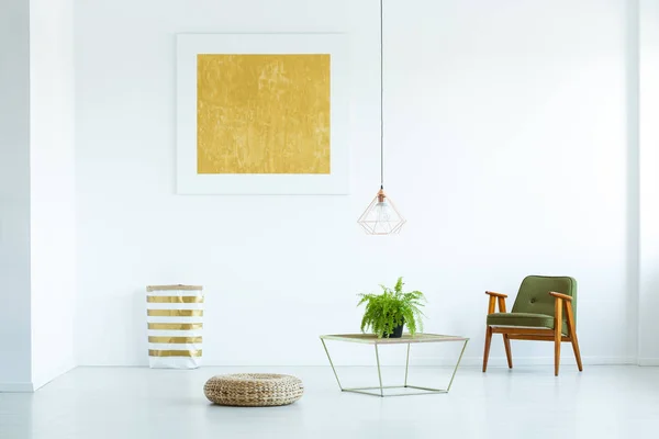 Table Plant Pouf Green Armchair White Flat Interior Yellow Painting — Stock Photo, Image