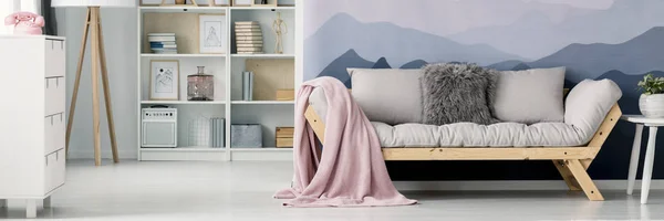 Selimut Merah Muda Pastel Sofa Berwarna Krem Oleh Wallpaper Lansekap — Stok Foto