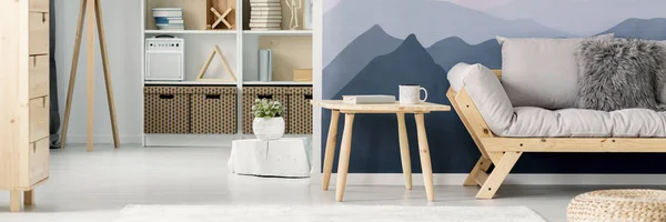 Panorama Wooden Frame Sofa Side Table Mountains Wallpaper Scandinavian Style — Stock Photo, Image