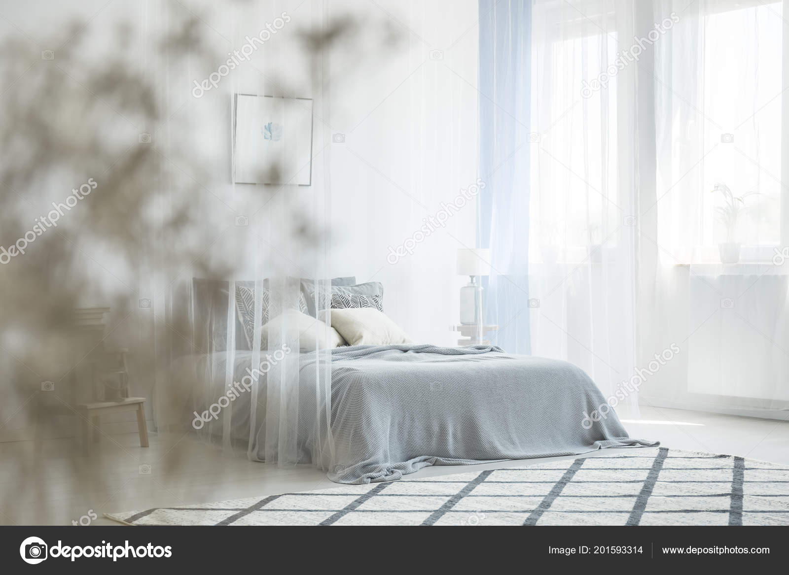 White Bedroom Interior Carpet Window Drapes King Size Bed Canopy