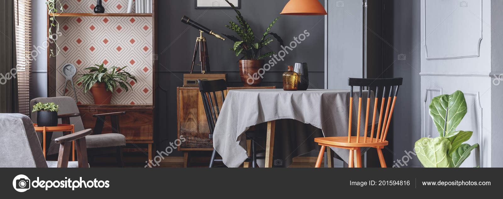 Dark Grey Dining Room Interior Retro Cupboards Fresh Plants Black Stock Photo Image By C Photographee Eu 201594816