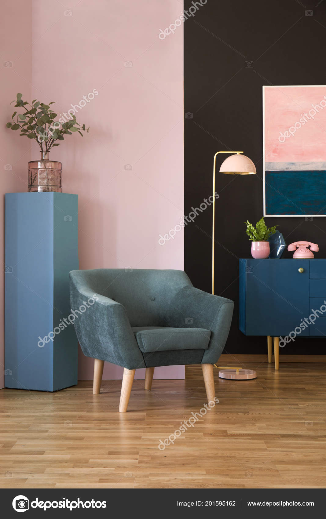Green Armchair Colorful Living Room Interior Pink Phone Navy Blue Green Armchair Colorful Living Room Interior Pink Phone Navy Blue Stock Photo