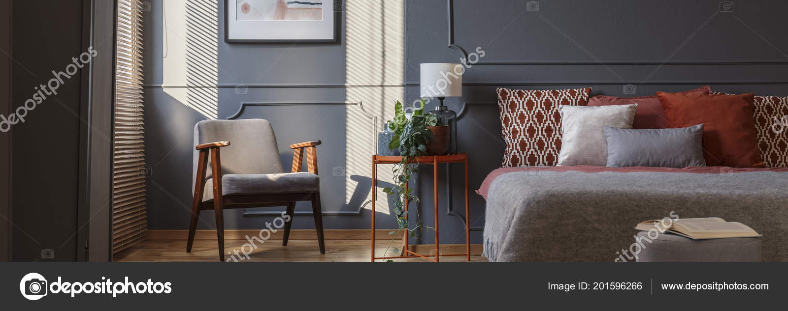 Grey Armchair Standing Dark Grey Bedroom Interior Molding