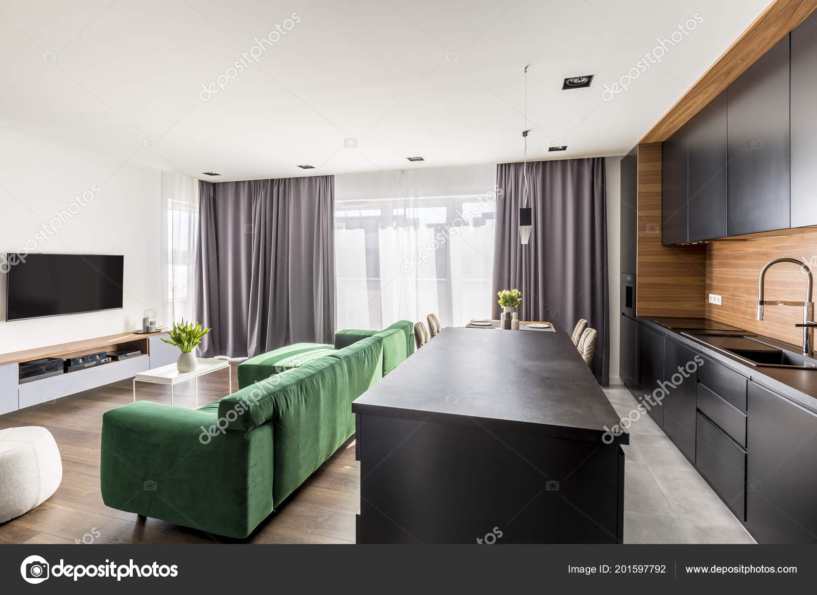 Real Photo Hotel Room Interior Green Lounge Set Windows