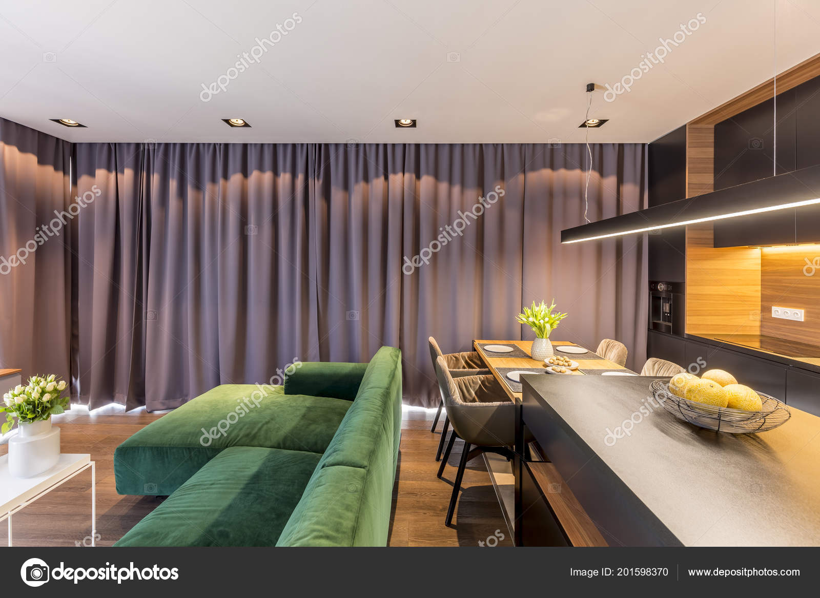Green Corner Sofa Grey Apartment Interior Kitchen Island Light Next Green Corner Sofa Grey Apartment Interior Kitchen Island Light Next Stock Photo