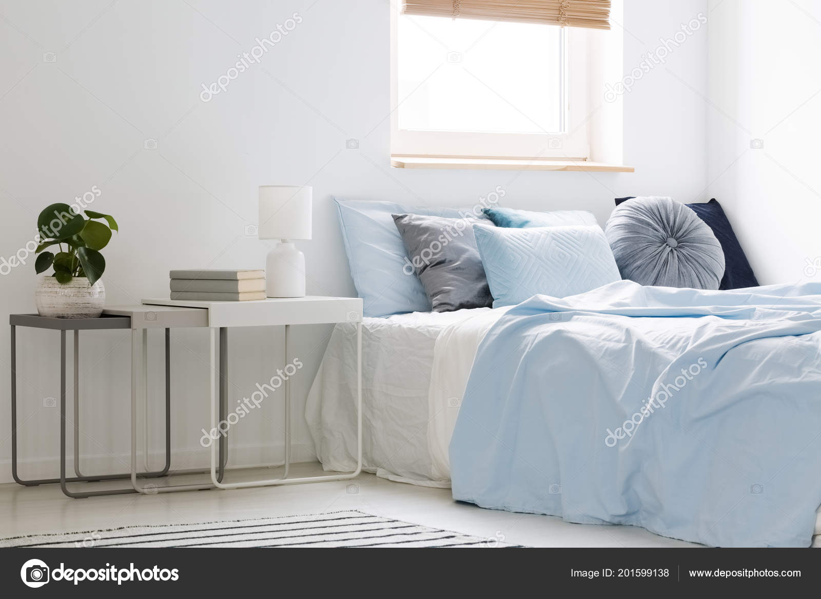 Plant Books Lamp Standing White Gray Nightstands Bright Cozy