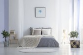 Kulatý koberec před šedá postel s přikrývkou v interiéru minimální ložnici plakát. Reálné Foto