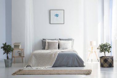 Örgü battaniye var gri parlak yatak odası iç poster ve bitkiler ile yatakta. Gerçek fotoğraf