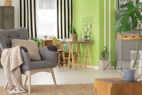 Beżowy Poduszka Koc Szary Fotel Zielony Apartament Wnętrze Biurkiem Prawdziwe — Zdjęcie stockowe