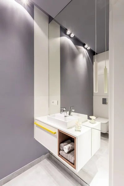 光の灰色のバスルームのインテリアにミラーとホワイト洗面キャビネット — ストック写真