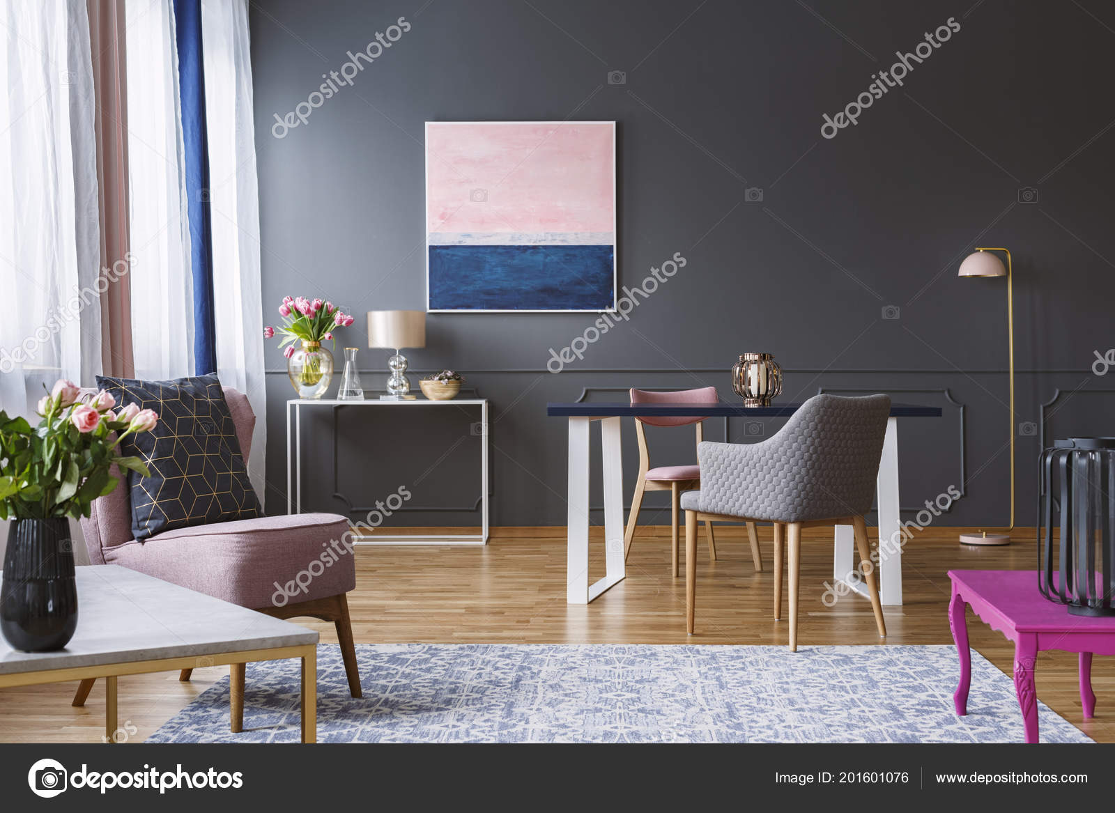 Pink Navy Blue Painting Grey Living Room Interior Flowers