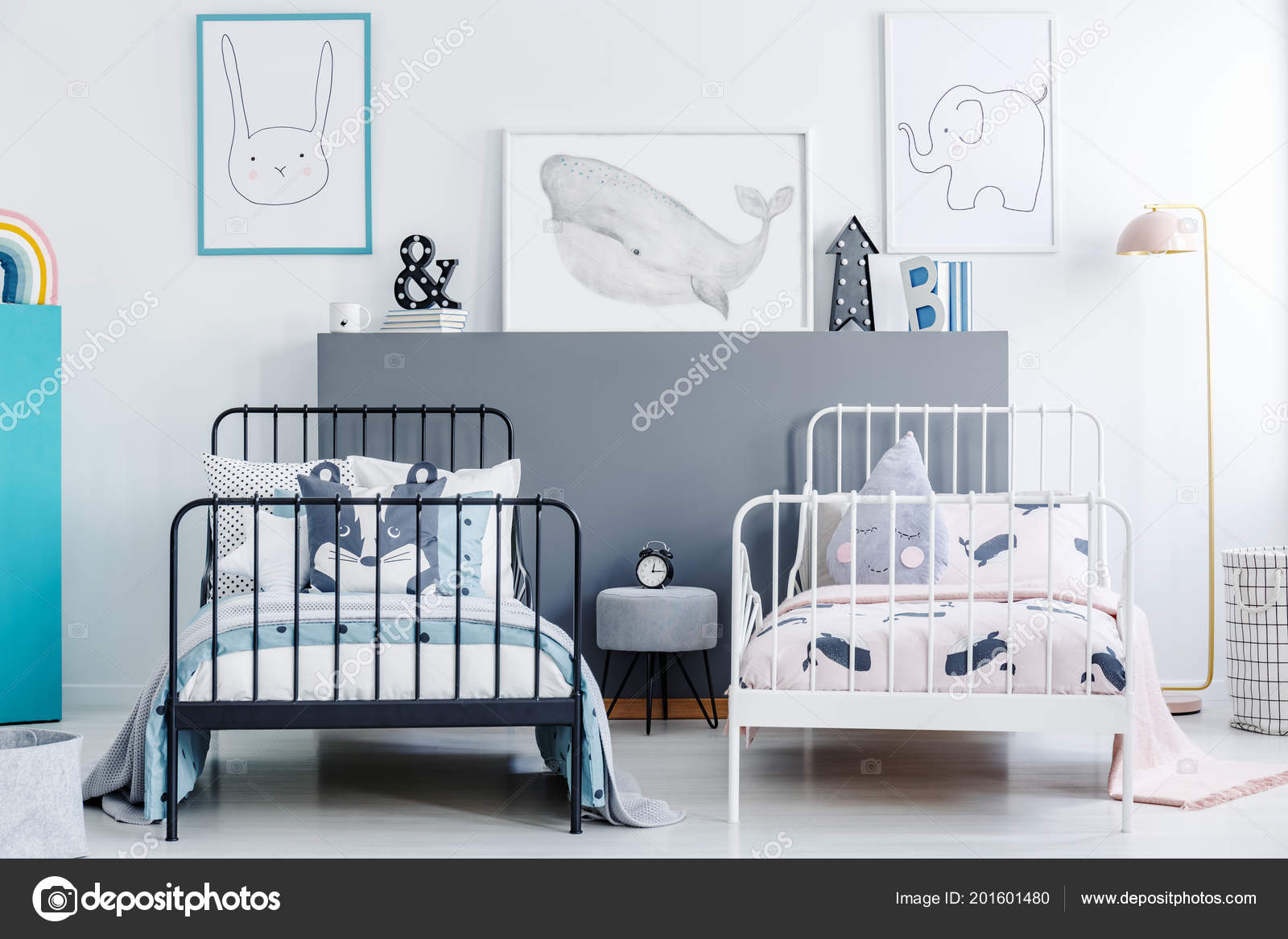 Front View Two Simple Beds One White Other Black Small
