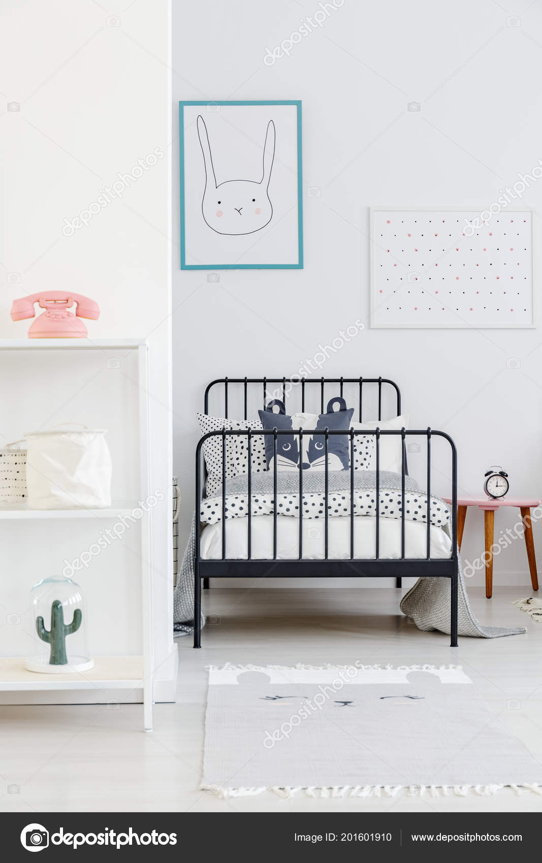 Child Bed Black Metal Frame Small Simple Bedroom Interior
