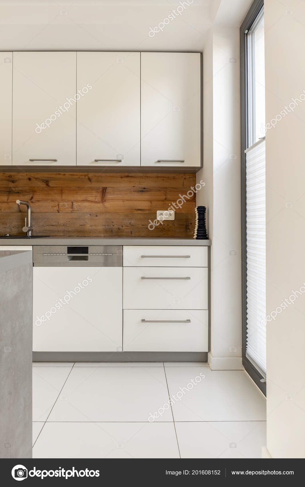 Real Photo Elegant White Kitchen Interior Wooden Panels Wall