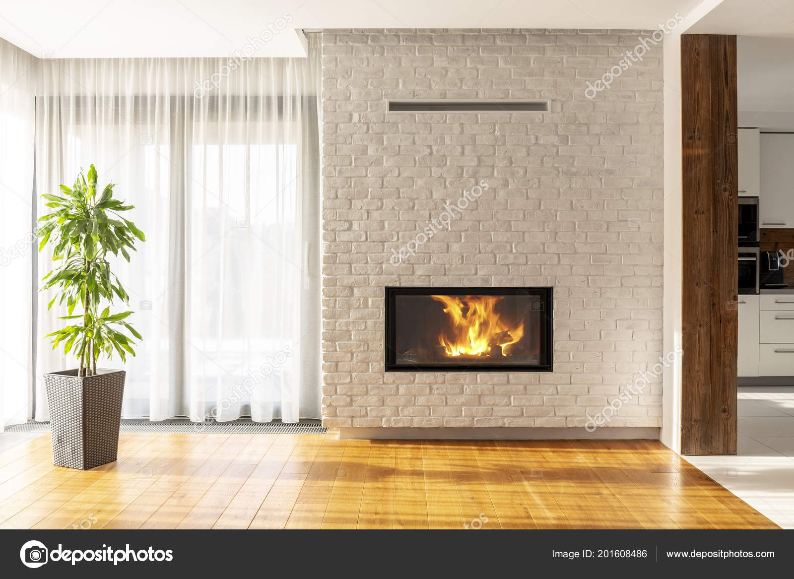 Chimenea Pared Ladrillo Luminosa Sala Estar Interior Casa Con Planta