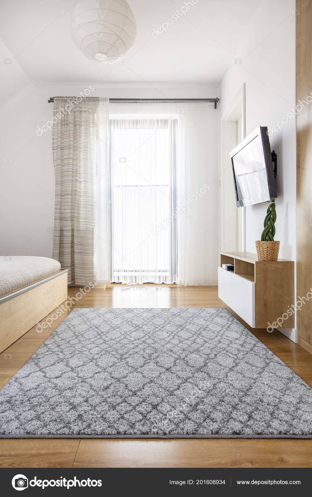 Grey Carpet Wooden Floor Bright Bedroom Interior Window