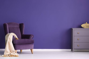 Rahat koltuk bir battaniye ve çekmeceli salon iç boş bir duvara ayarla. Ürününüzü yerleştirin