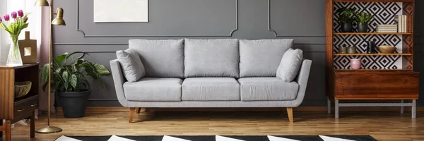 Graues Sofa Frische Topfpflanzen Holzschrank Und Goldlampe Dunklen Wohnzimmer Mit — Stockfoto