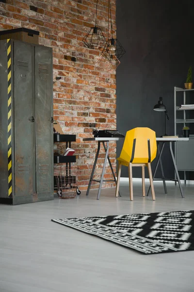 Yellow Chair Desk Industrial Workspace Interior Cabinet Brick Wall Real — Stock Photo, Image