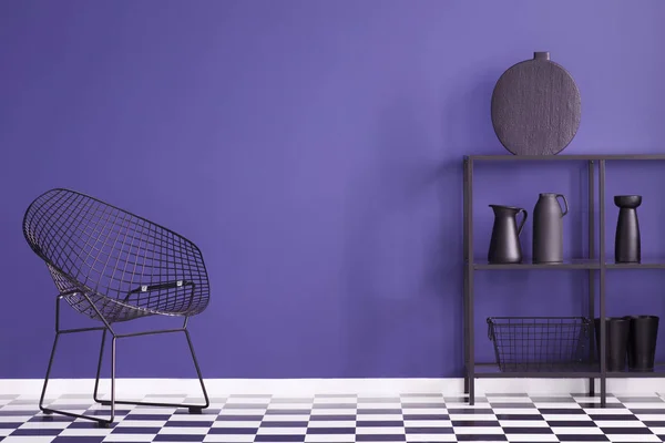 Black Armchair Checkerboard Floor Violet Living Room Interior Vase Shelf — Stock Photo, Image