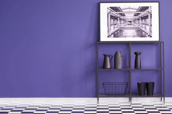 Black Shelf Decorations Poster Purple Wall Geometrical Floor Creative Interior — Stock Photo, Image