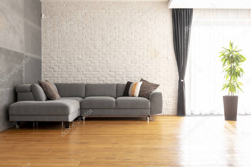 Grey corner couch on wooden floor against brick wall in bright apartment interior with plant. Real photo