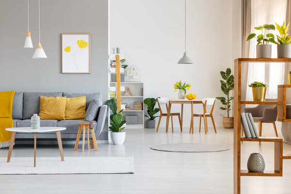 Настоящая фотография интерьера открытого пространства с желтыми подушками и одеялом на диване в гостиной и деревянным столом и стульями в столовой
