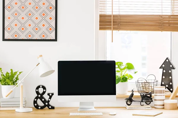 Real Photo Desk Mockup Computer Screen Ornaments Plant Standing Workplace — Stock Photo, Image