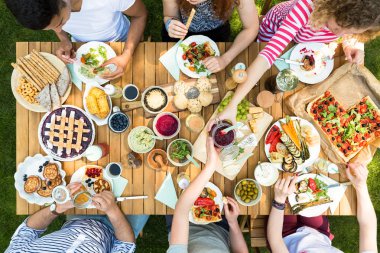 Bahçedeki mangal partisi sırasında pizza, pasta ve salata yemek insanlara üstten görünüm