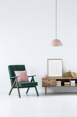 Bir ahşap dolap oturma odası iç posteri ile yanındaki pembe yastık ile yeşil tekli