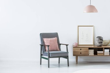 Bir ahşap dolap oturma odası iç posteri ile yanındaki mavi koltuk üzerinde pembe yastık