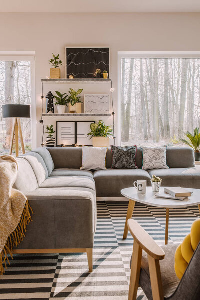 Grey corner sofa in spacious bright living room interior with plants, poster and lights on shelves
