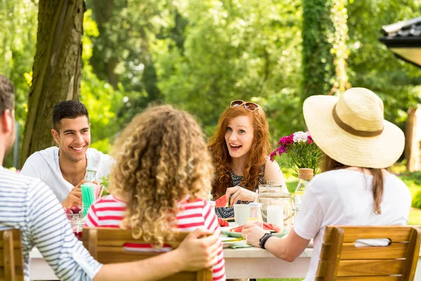 Smiling Red Haired Woman Having Fun Garden Party Multicultural Friends — Stock Photo, Image