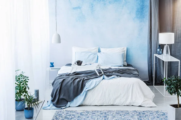 Grijze Deken Bed Blauwe Slaapkamer Interieur Met Planten Wit Licht — Stockfoto