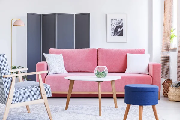 Stołek Fotel Niebieski Wnętrzu Colorful Pastel Pokój Dzienny Sofa Różowy — Zdjęcie stockowe