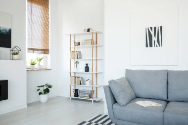 Poster gri kanepe beyaz salon iç pencere panjur ile altında fabrikası ile yukarıda. Gerçek fotoğraf