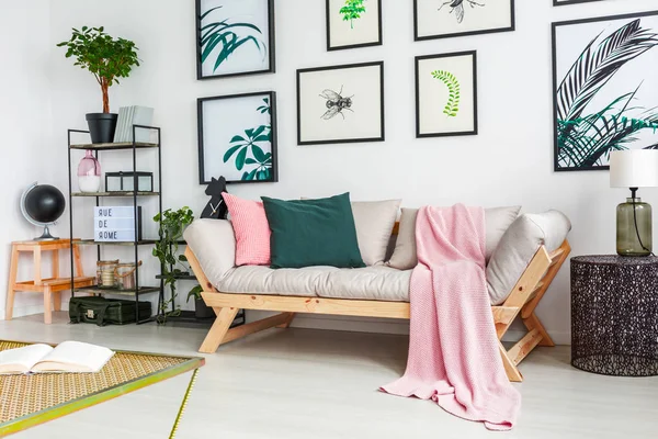 Echtes Foto Eines Sofas Neben Einer Wand Mit Bildern Und — Stockfoto