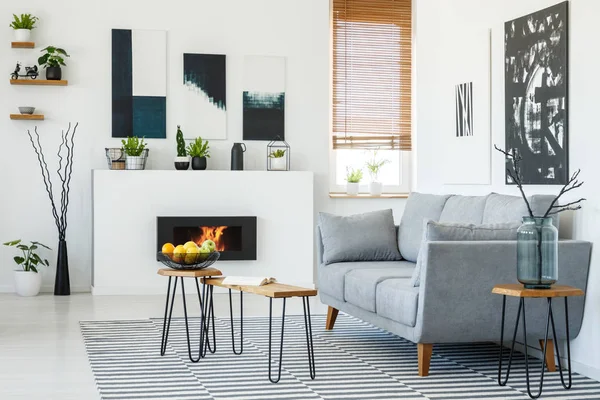 一张灰色沙发的真实照片 站在起居室内的一张小木桌前 墙上有壁炉和海报 — 图库照片