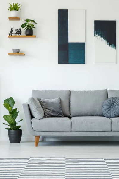 壁にポスターと白いシンプルなリビング ルームのインテリアにグレーのソファーの横に植えます 実際の写真 — ストック写真